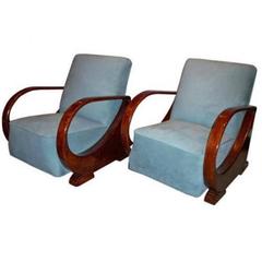 Pair of Art Deco Open Armed Club Chairs in Oak French circa 1965