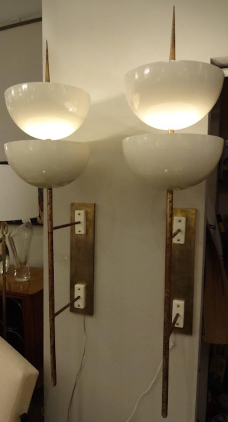 Mid-20th Century Pair of Rare Grand Scaled Mid-Century Wall Sconces by Stilnovo