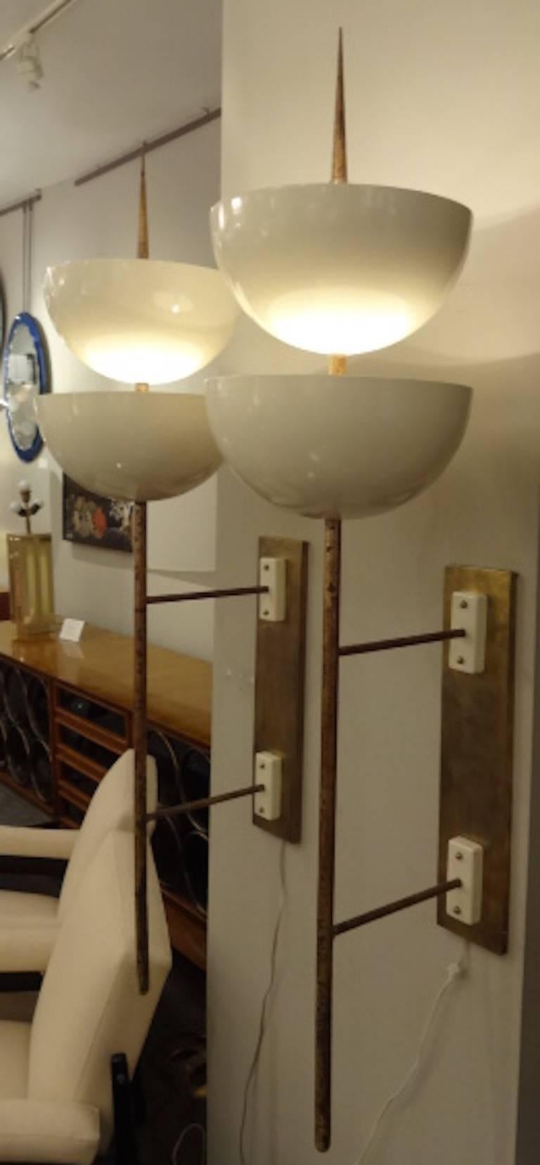 Italian Pair of Rare Grand Scaled Mid-Century Wall Sconces by Stilnovo
