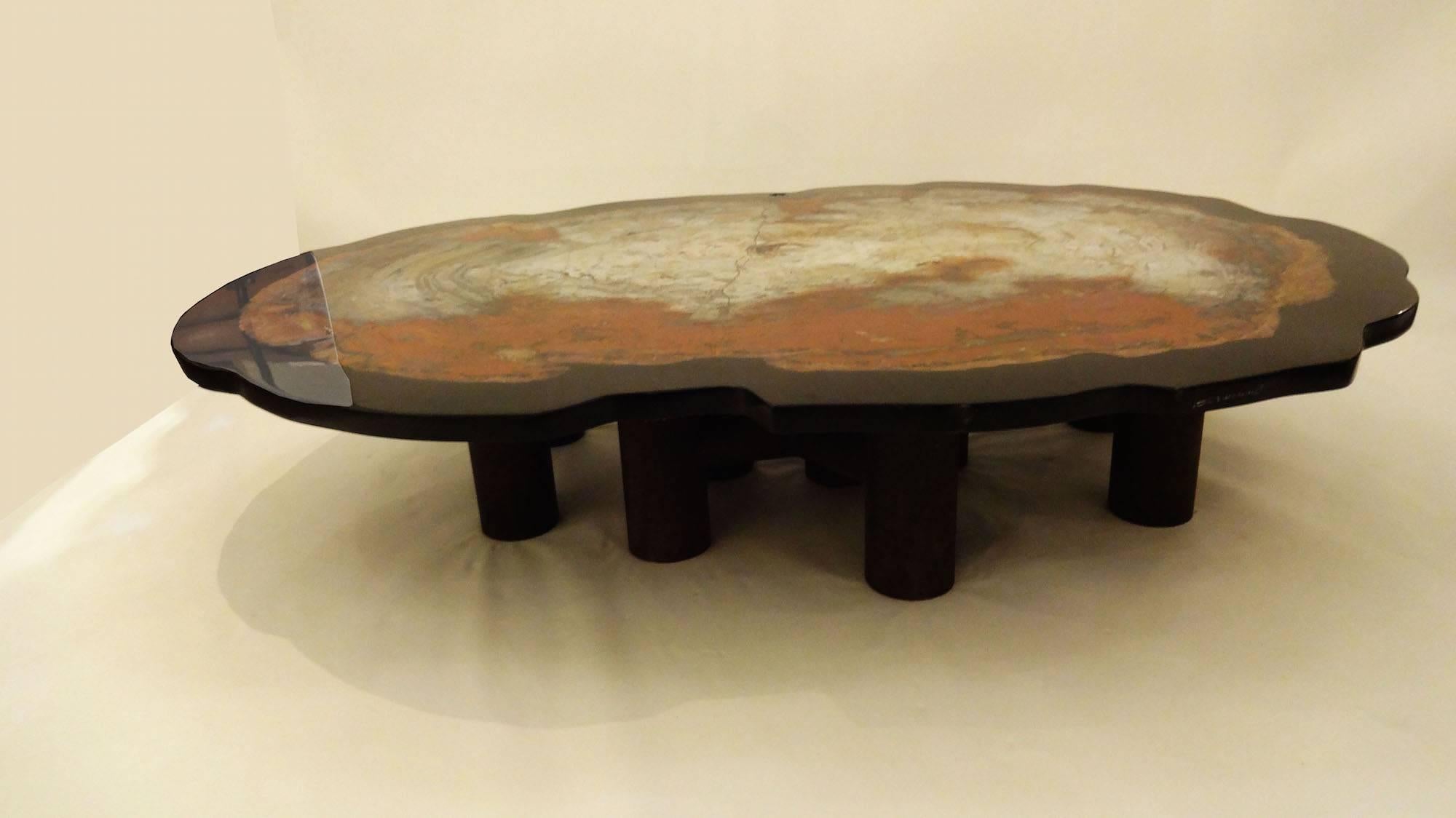 Mid-Century Modern Etienne Allemeersch Large Cocktail Table in Petrified Wood and Resin circa 1968