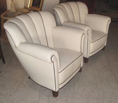 Pair of Large-Scale Danish, 1940s Channeled Back Club Chairs