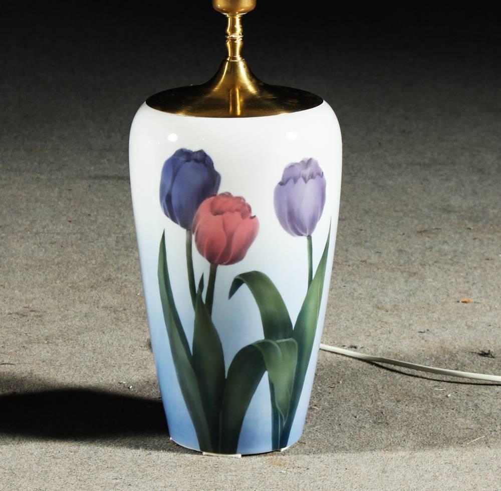 Pair of Danish porcelain lamps with tulip decoration by Bing & Grondahl, circa 1950s-early 1960s. Note: Height measurement listed 40
