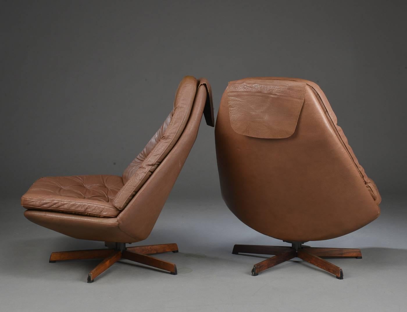 Scandinavian Modern Pair of Madsen & Schubell Swivel Chairs with Matching Ottoman