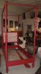 Pair of Red Painted Four Poster Single Bed Frames