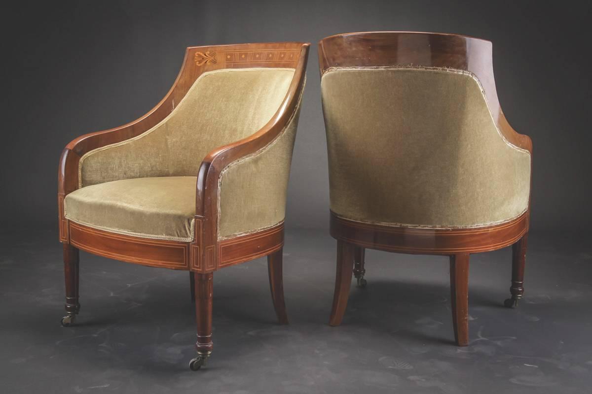 Neoclassical Pair of Swedish Mahogany Art Deco Bergere Chairs with Marquetry Inlay