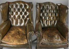 Pair of English George III Style Wing Chairs Upholstered in Leather