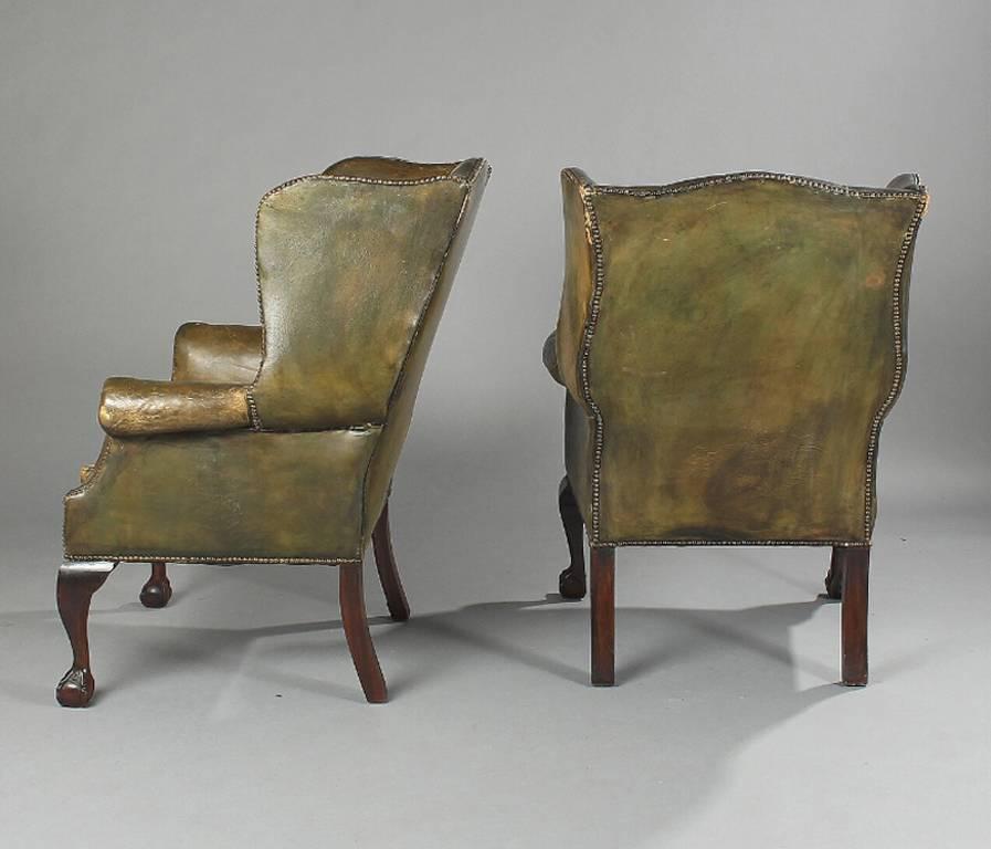Pair of English George III Style Wing Chairs Upholstered in Leather In Good Condition In Hudson, NY
