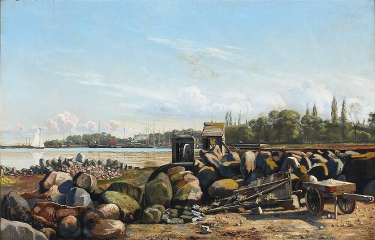 Danish coastal landscape with a quarry in the foreground in original giltwood frame. Oil on canvas, signed monogram 1884. By Carl Lund, b. Odense 1855, d. Frederiksberg 1940.

  