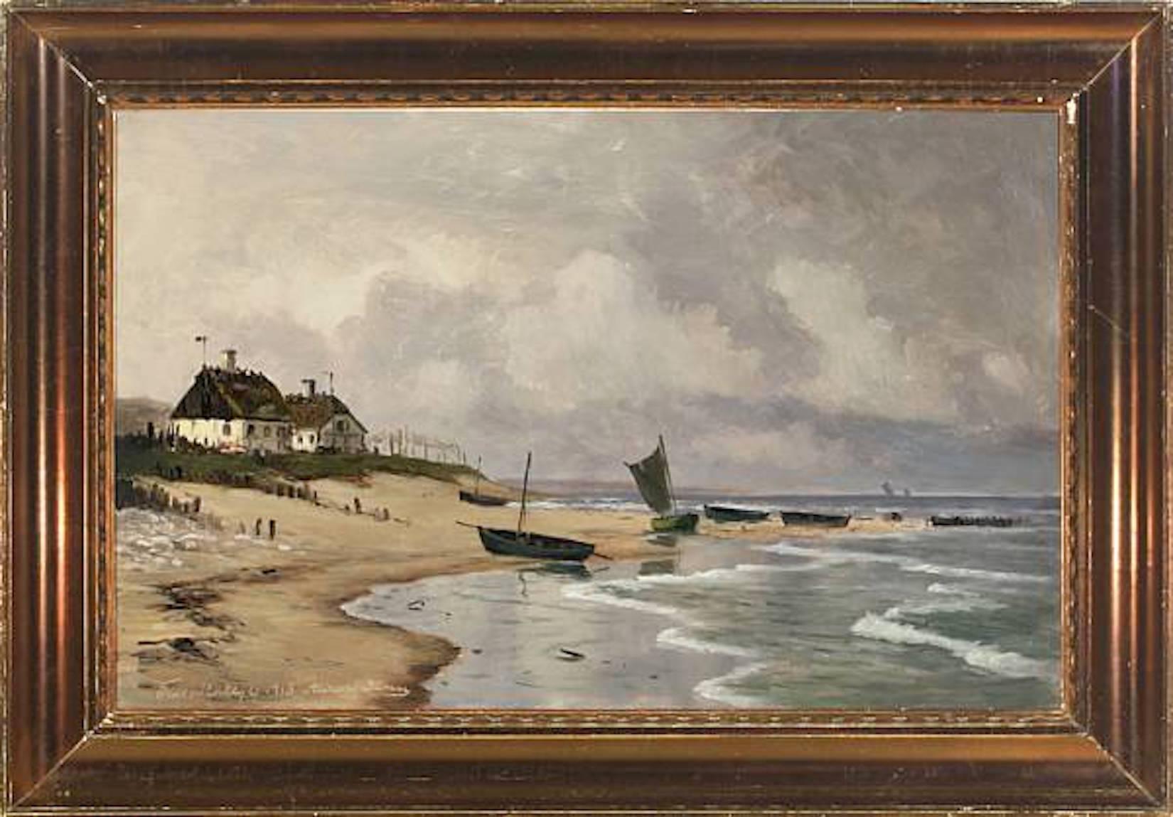 Danish coast with thatched house and boats on the beach. Signed Alfred Olsen 1913 Tidsvildeleje. Oil on canvas. (Tidsvildeleje today is a popular beach town on the coast north of Copenhagen).