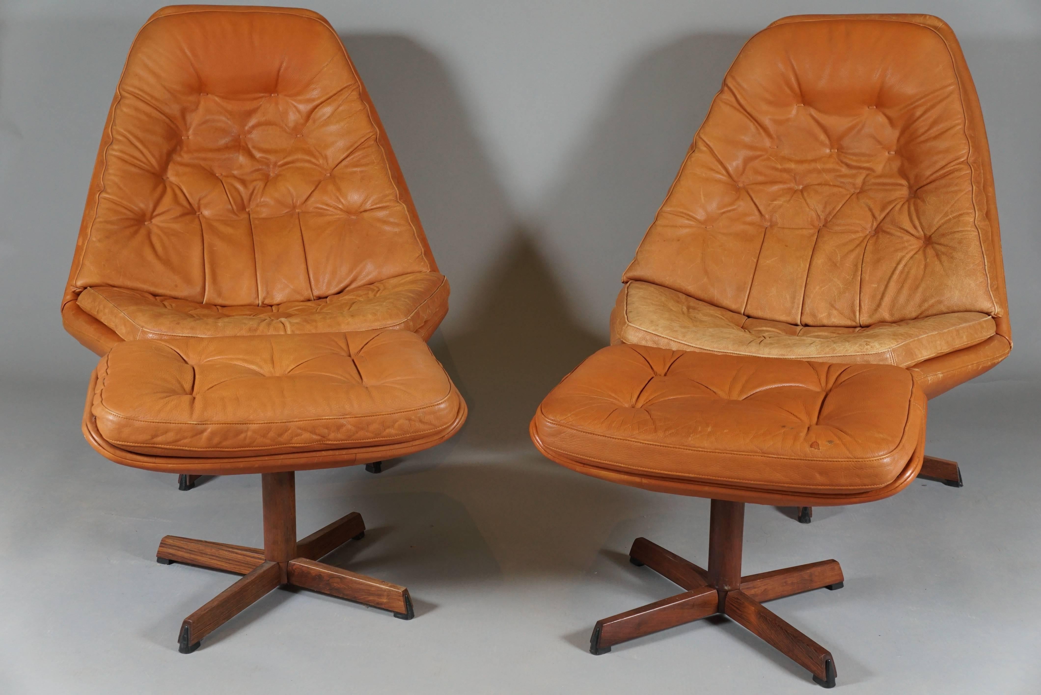 Pair of Swivel Chairs and Ottomans by Madsen & Schubell 3