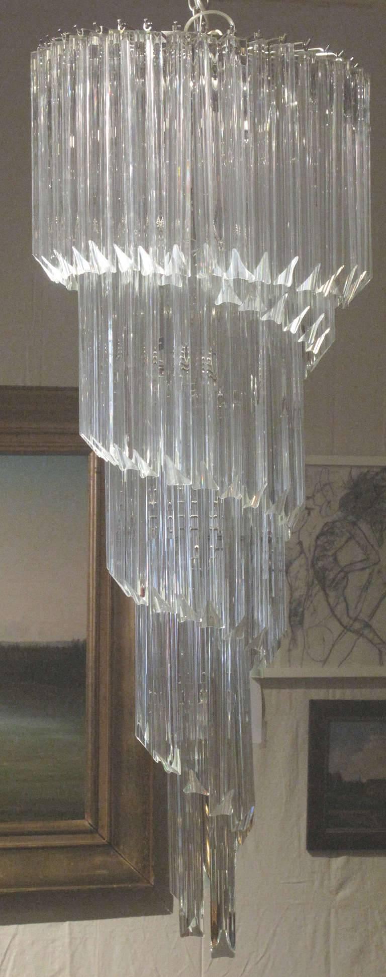 1960s Italian large spiral form chandelier, probably by Camer. The Murano glass prisms fitted on a nickel-plated armature.
