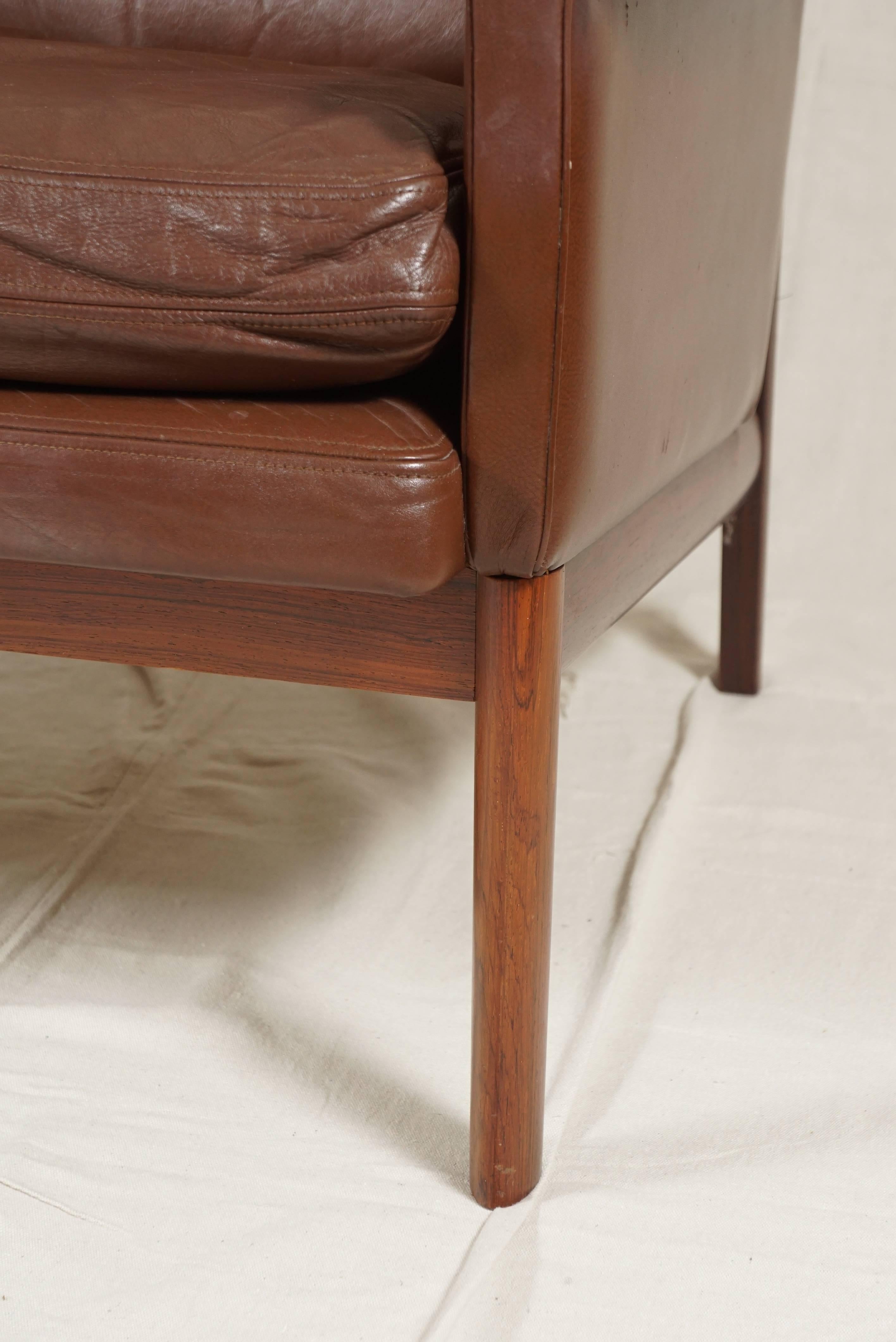 Rosewood Pair of Leather Armchairs in the Style of Finn Juhl