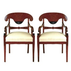 Pair of Swedish Biedermeier Style Flame Mahogany and Ebonized Armchairs