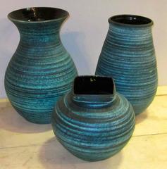 Mid Century Ceramic Turquoise and Charcoal Vases, France