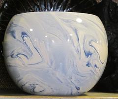 Porcelain Marbleized Blue and Cream Rounded Bowl, Contemporary