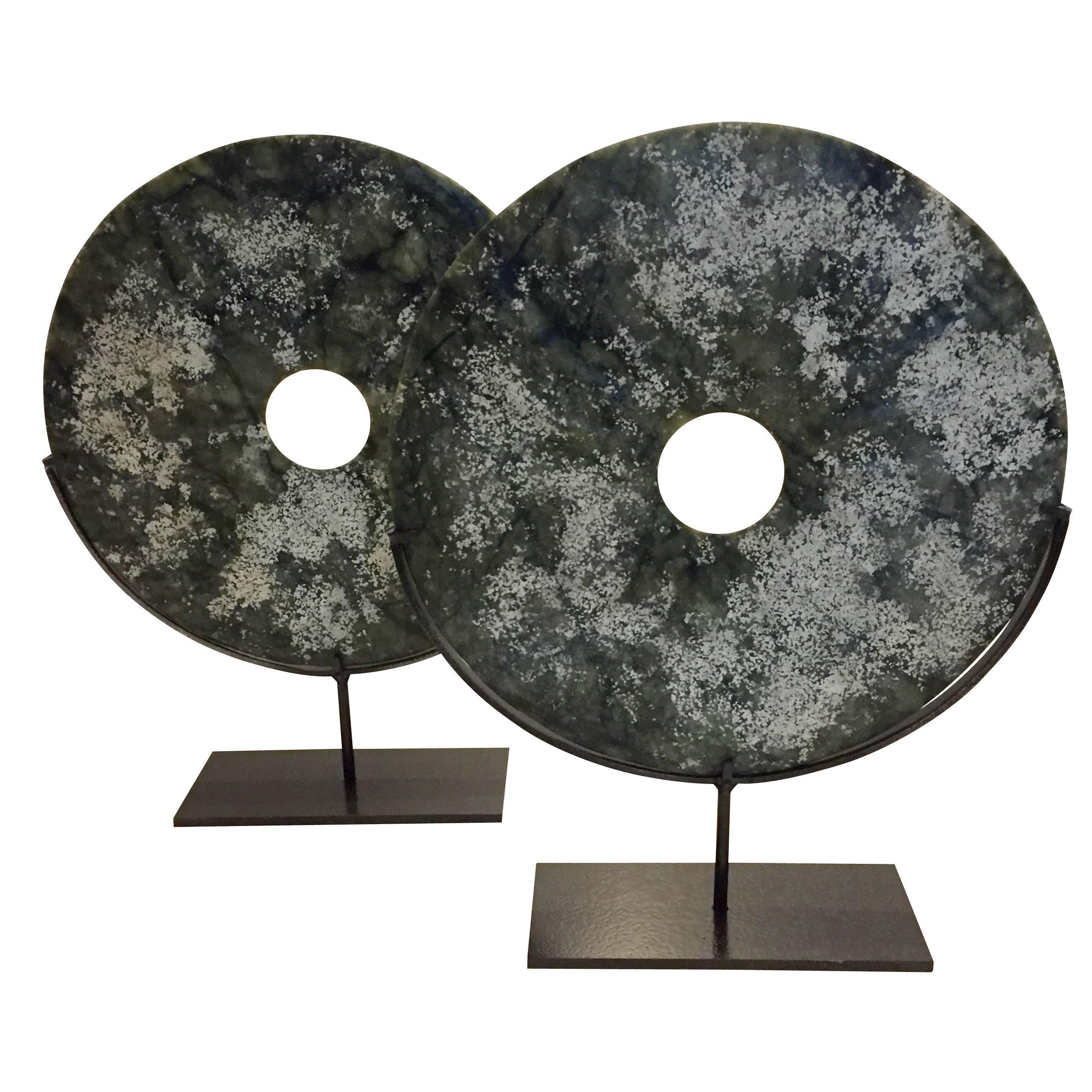 Pair Green and White Textured Disc Sculptures, Contemporary, China