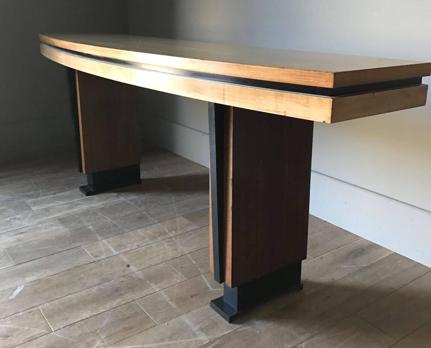 Mid-20th Century French Palisander and Sycamore Console Table, circa 1960, Metal Legs
