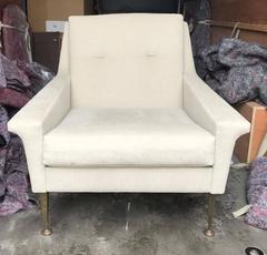 Pair of Italian Club Chairs, Slant Back, Brass Legs, French, Mid-Century