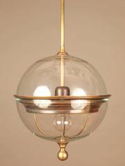 Pair of Brass Trim Glass Globe Pendant Lights, Italy, Contemporary