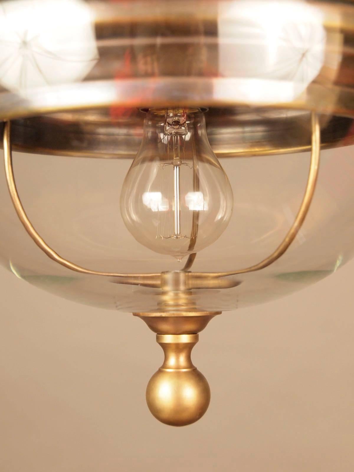 Italian Pair of Brass Trim Glass Globe Pendant Lights, Italy, Contemporary