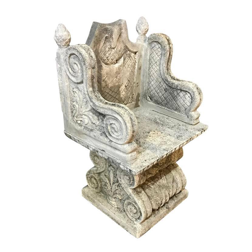 1920s Italian pair heavily carved stone chairs.
Natural patina resultant from the chairs being in a garden for years where lichen and moss embedded in the stone.