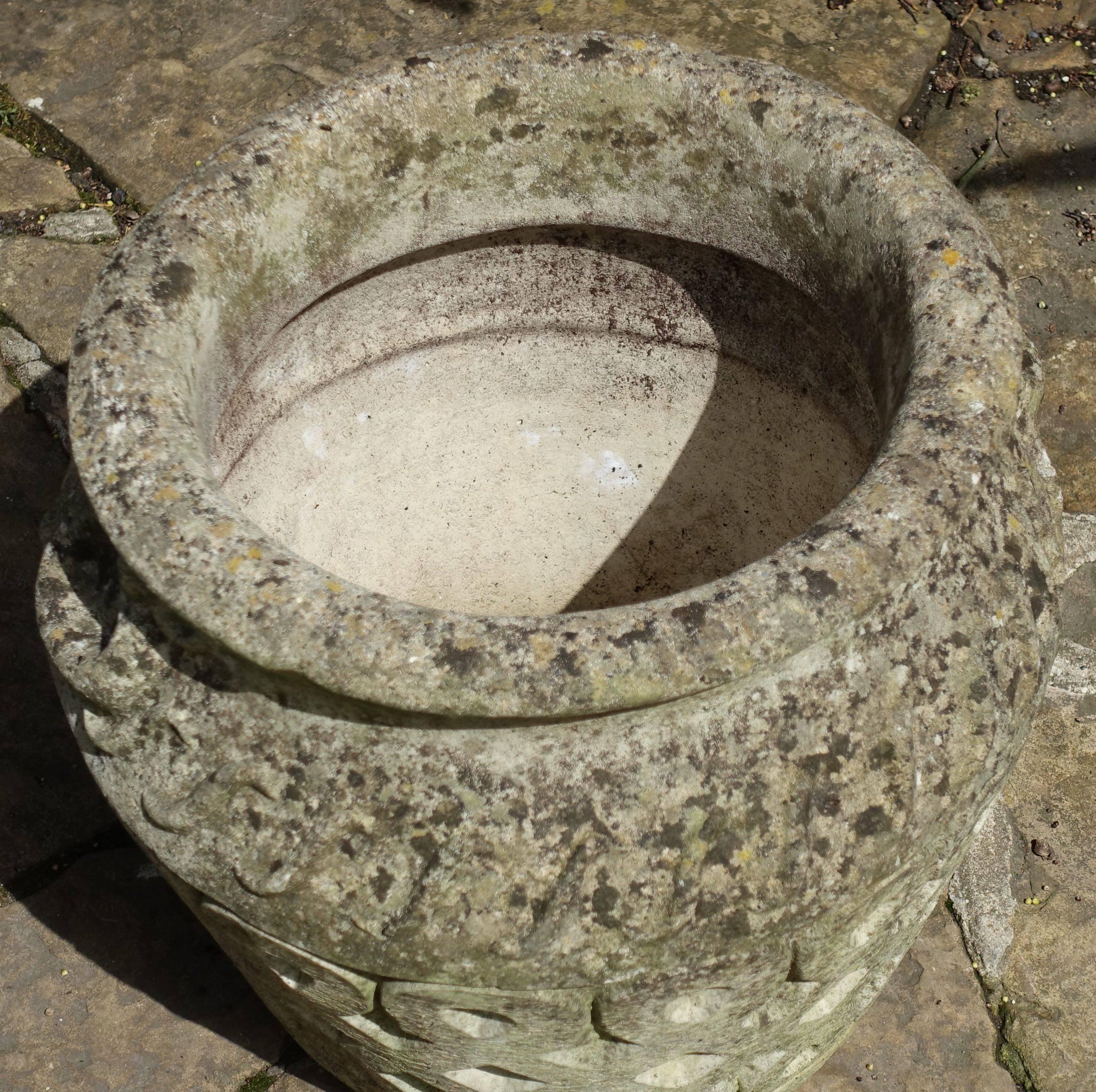 1930's classic pair of garden pots from the Cotswold Studios. Decorative carved motif.
Two pair are available.
