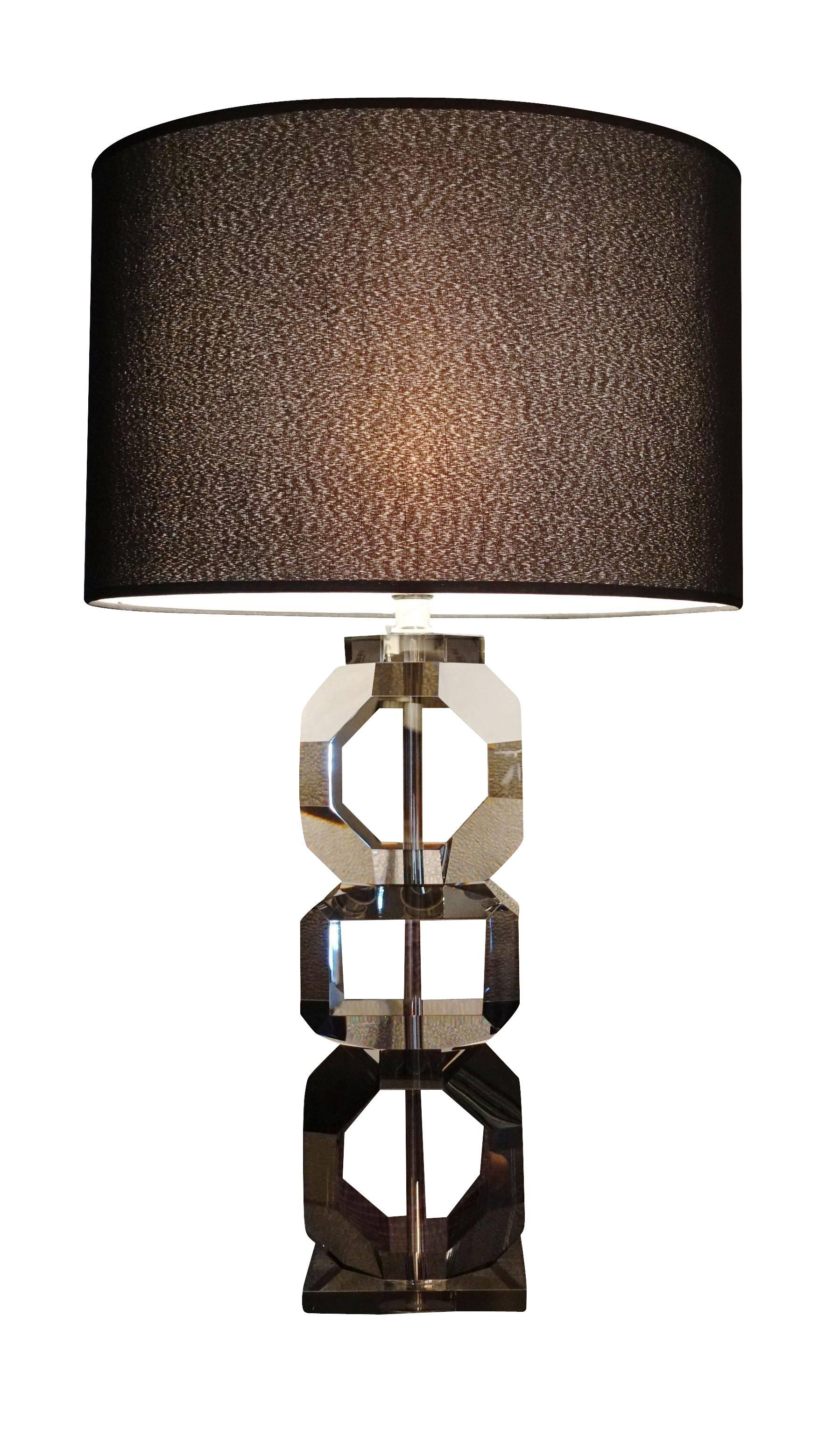 Contemporary Belgian pair of smoked cut crystal stacked cubes create base for lamps.
Round black shade measures 17