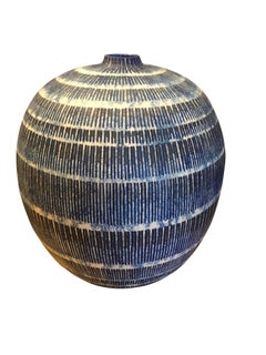 Large Striped Blue-Grey Vase, Thailand, Contemporary