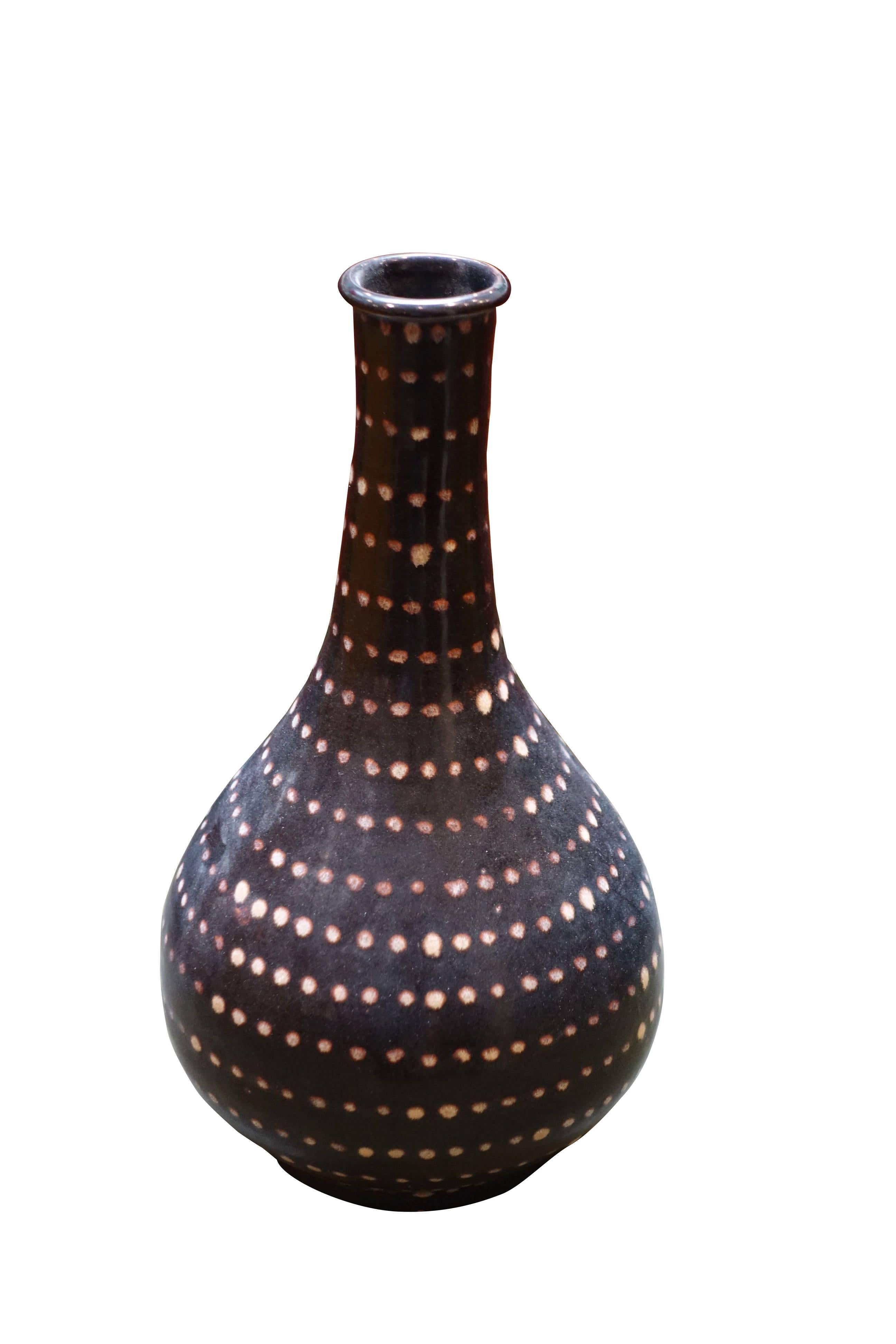 Ceramic Espresso Color with Cream Hand Pin Dotted Vases, China, Contemporary
