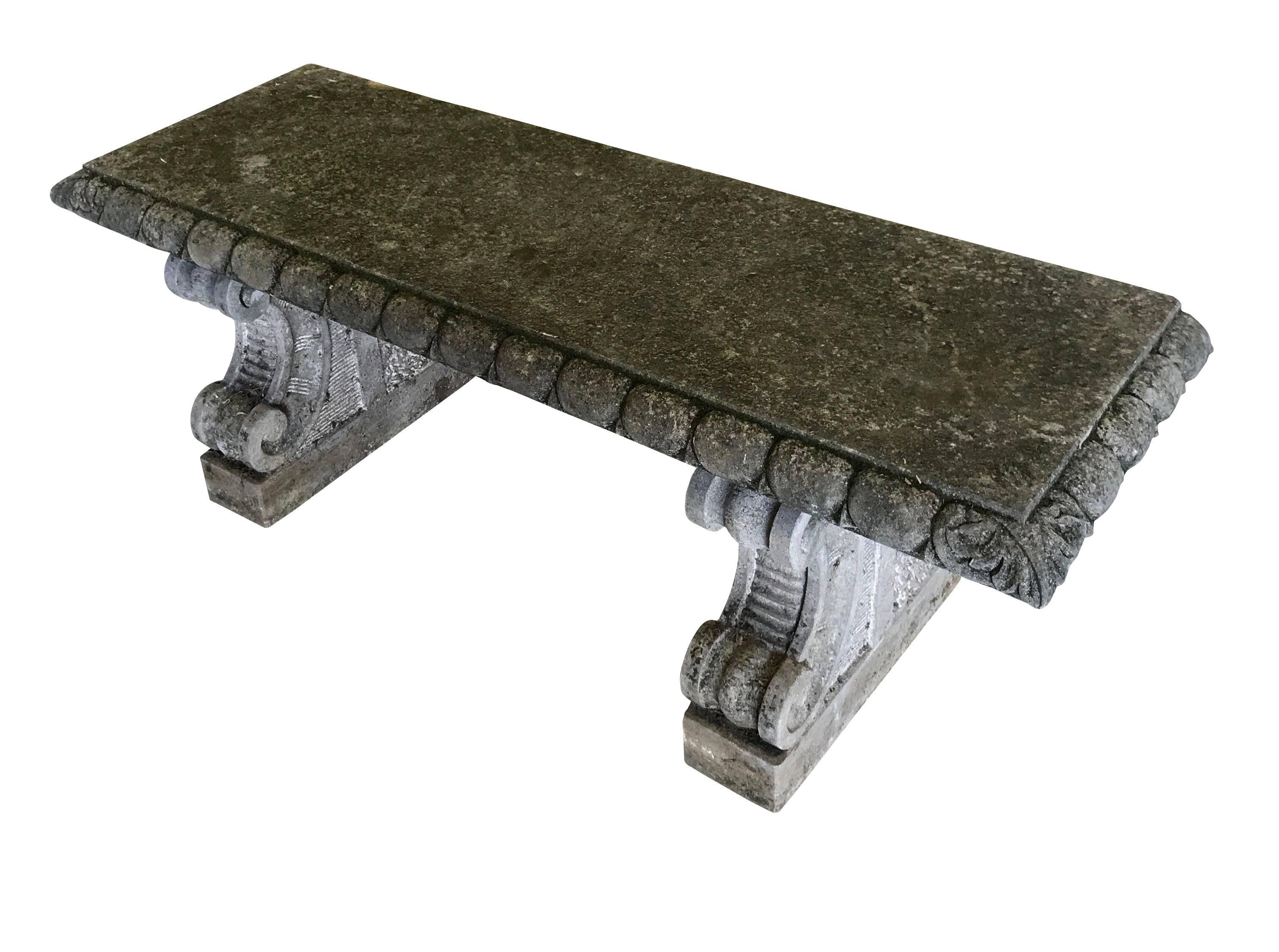 1920s Italian hand-carved Vicenza stone bench with Classic design details.
Moss and spores embedded in stone give naturally aged patina.
Originally from large garden in a villa outside of Venice.

 