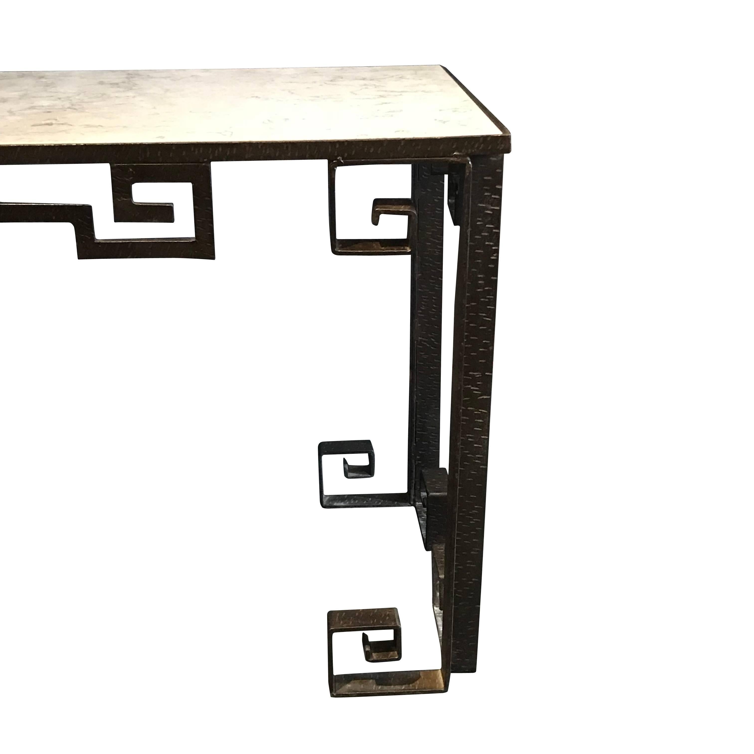 French Greek Key Design Hammered Iron Marble Top Console Table, France, 1950s For Sale