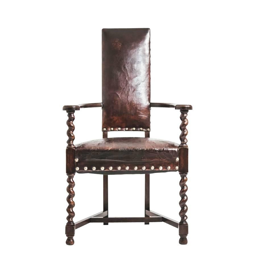 French distinctive type of chair of the Franco - Scottish chairs popular in the late 17th century, circa 1860.
Seat and back is leather with large brass tacks.
Traditional spool legs.
 