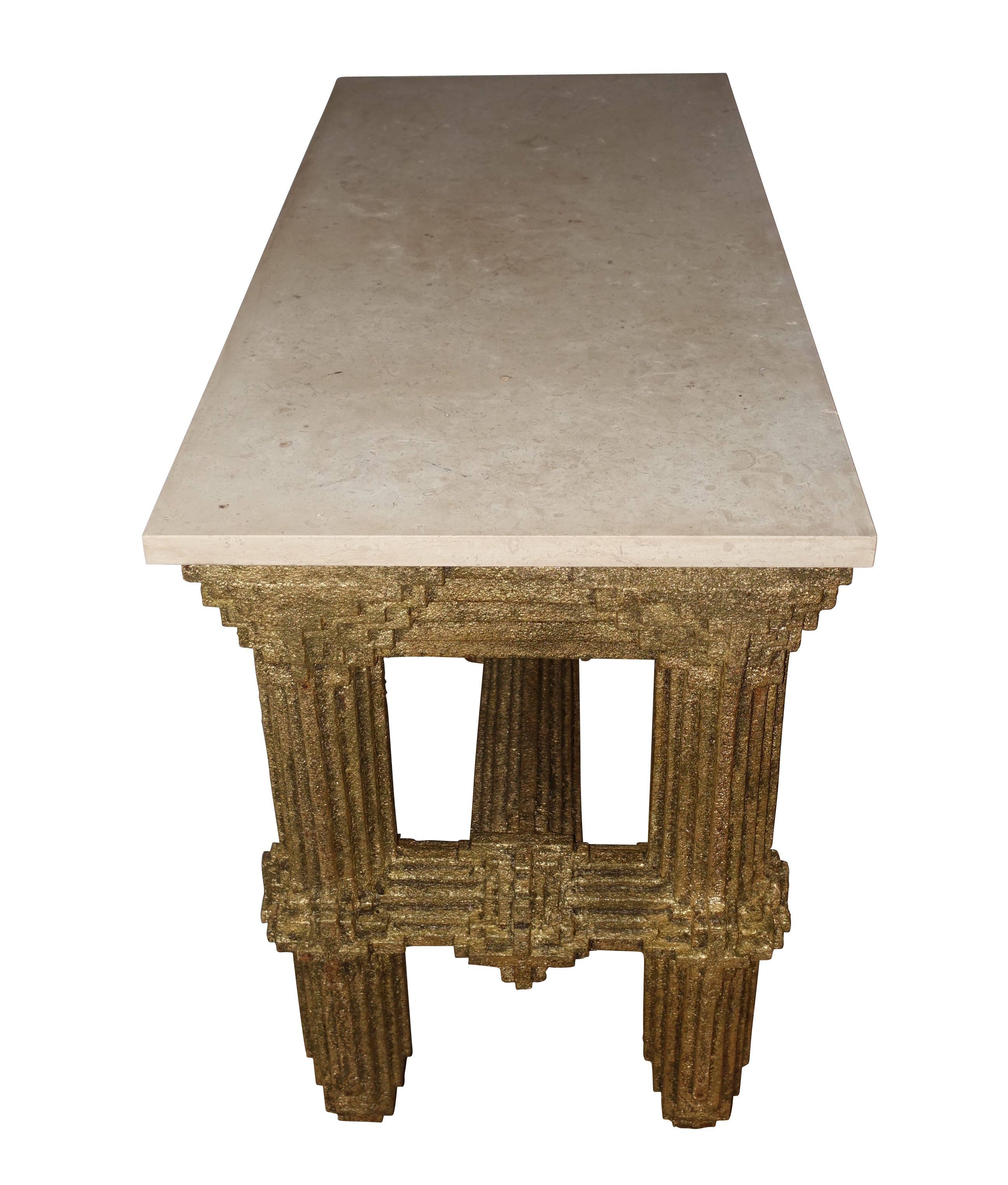 French Gold Gilt Multi Layered Wood and Travertine Top Brutalist Console, France, 1950s For Sale