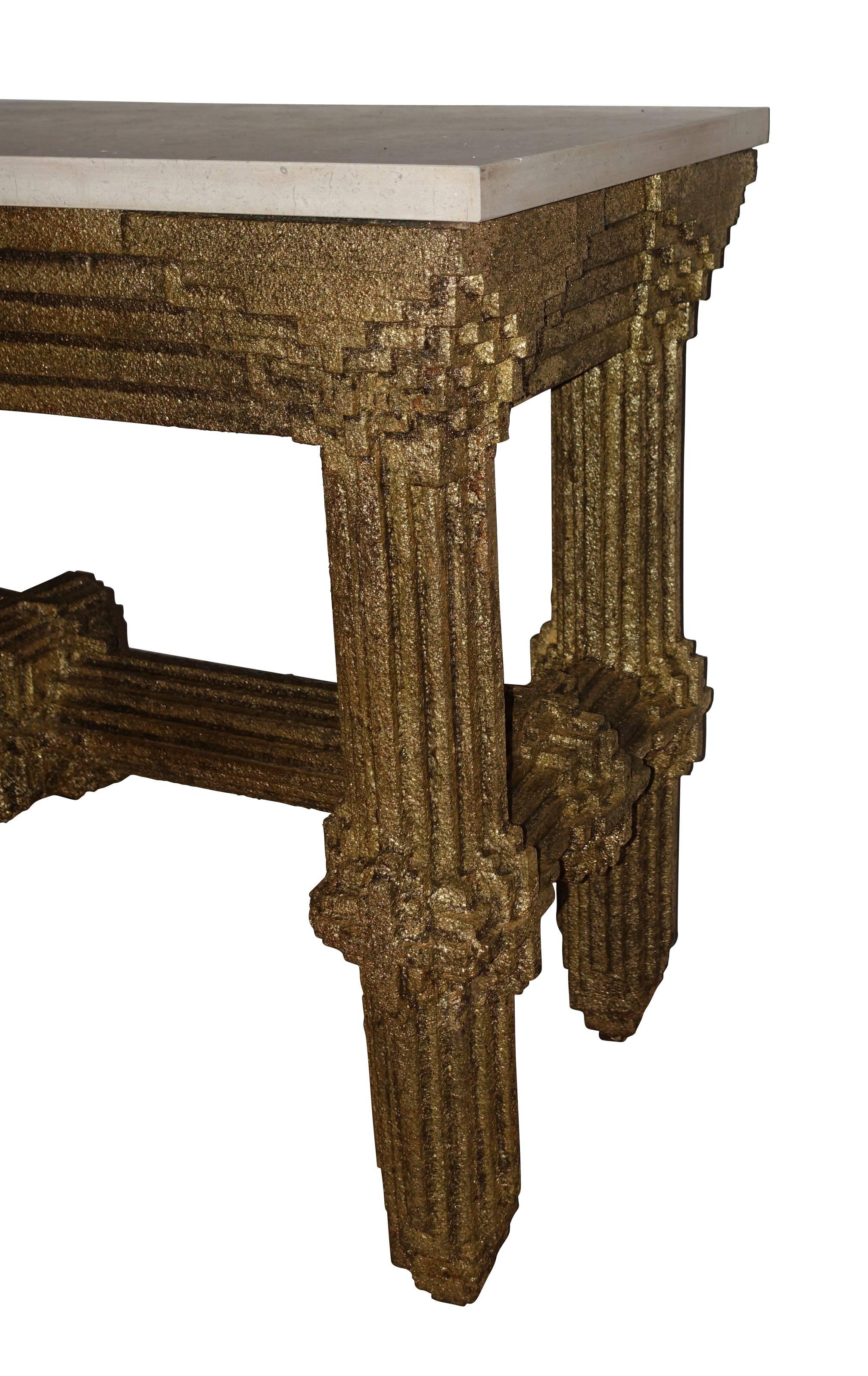 1950's French unusual and dramatic gold gilt multi layered wood in Brutalist design console table.
Travertine stone top.
  