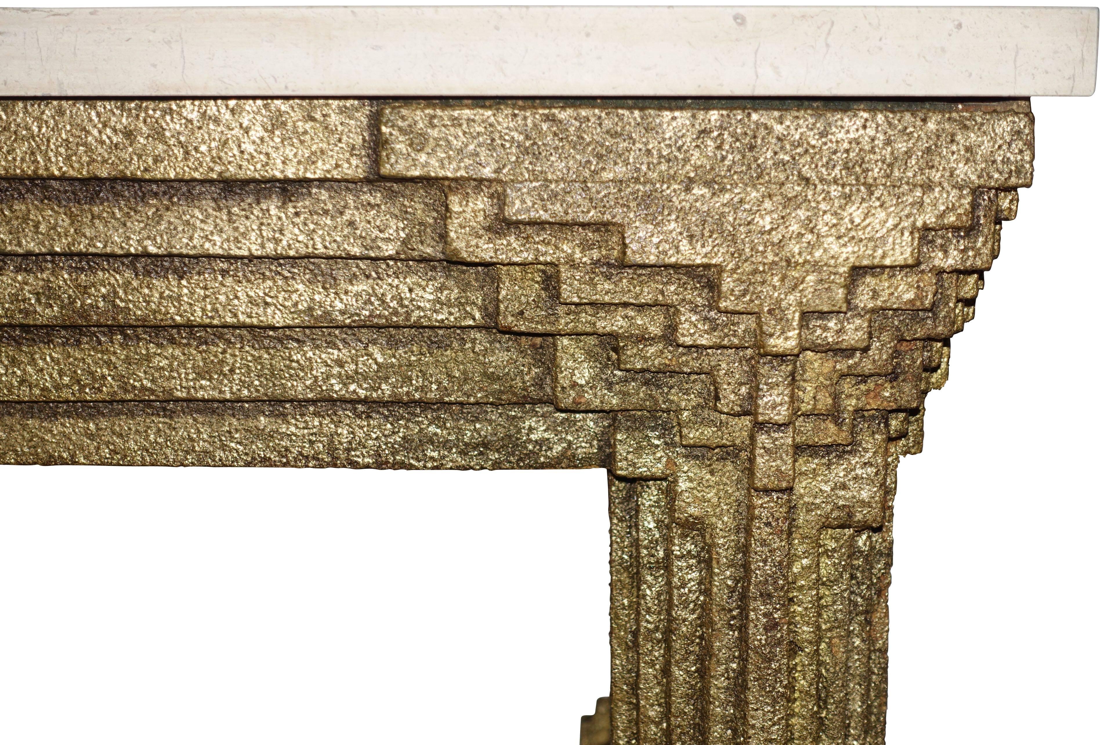 Gold Gilt Multi Layered Wood and Travertine Top Brutalist Console, France, 1950s In Good Condition For Sale In New York, NY