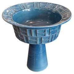 Mid-Century Modern Italian Turquoise Ceramic Footed Pedestal Bowl