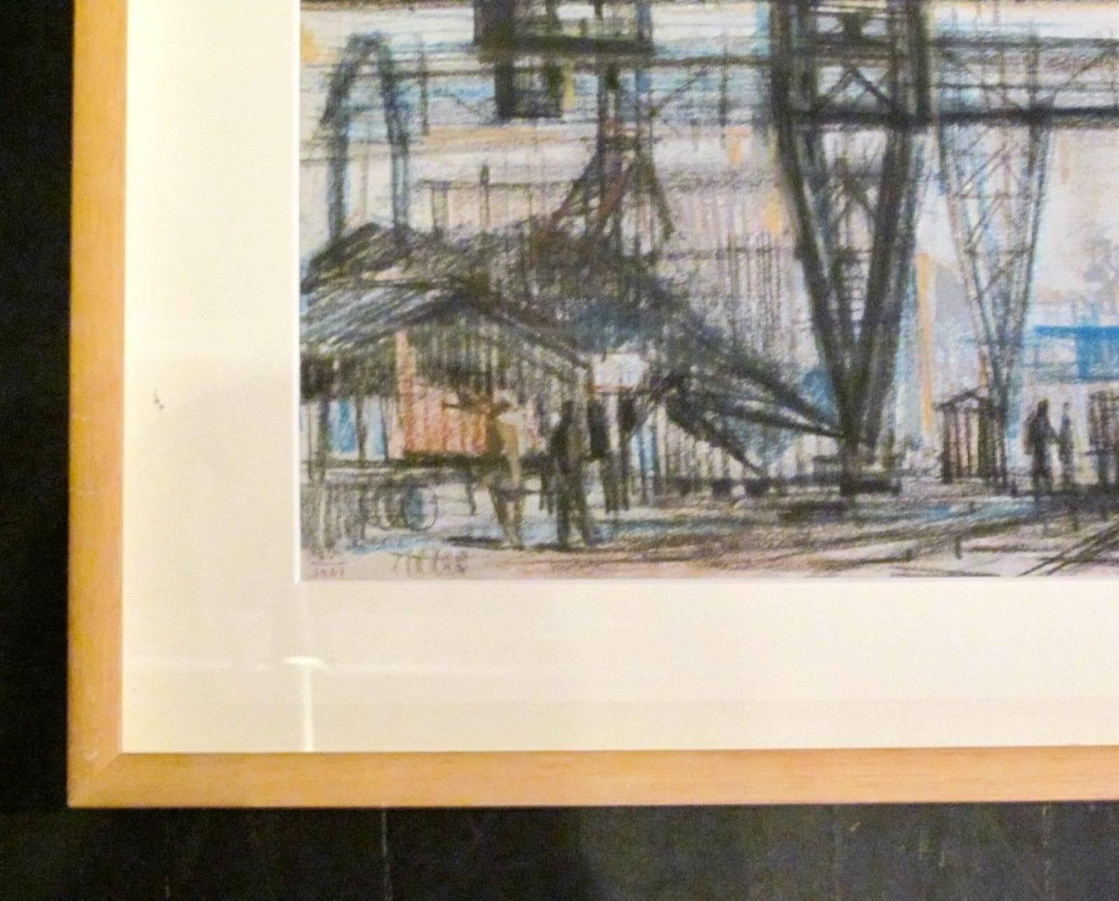 Contemporary painting of Industrial scene by Hungarian artist Bizse Janos.
Matted and in a wood frame.