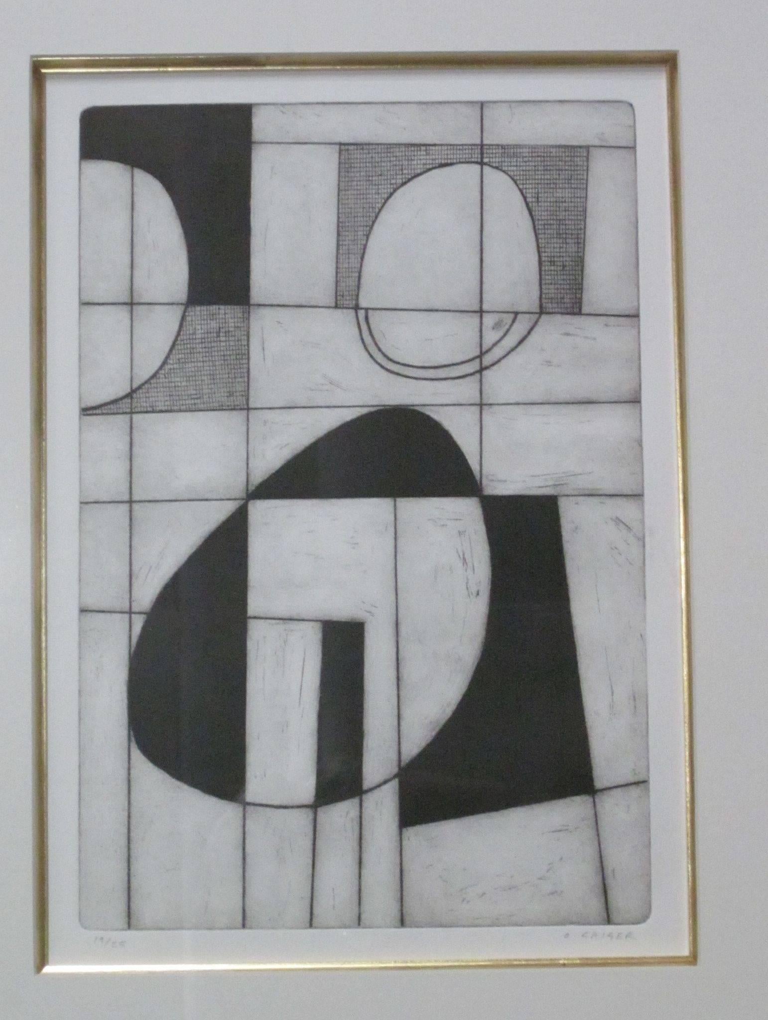 Contemporary black and white abstract vertical etching by English artist Oliver Gaiger.
Matted in a black and gold wooden frame.
Part of a collection of etchings by the artist that make a beautiful wall presentation.
 