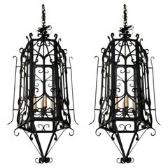 Black Wrought Iron Lanterns, Hexagonal Shape, Rewired, USA, 1950s