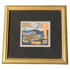 Contemporary Collage in Coral, Blue, Black, White, Framed Art, 10x9.5
