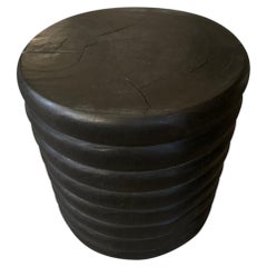 Contemporary Round Lychee Wood Side Table with Stacked Rib Design