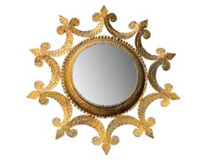 Round Gold Gilt Iron Framed Mirror, Curly Design, Spain, 1950s