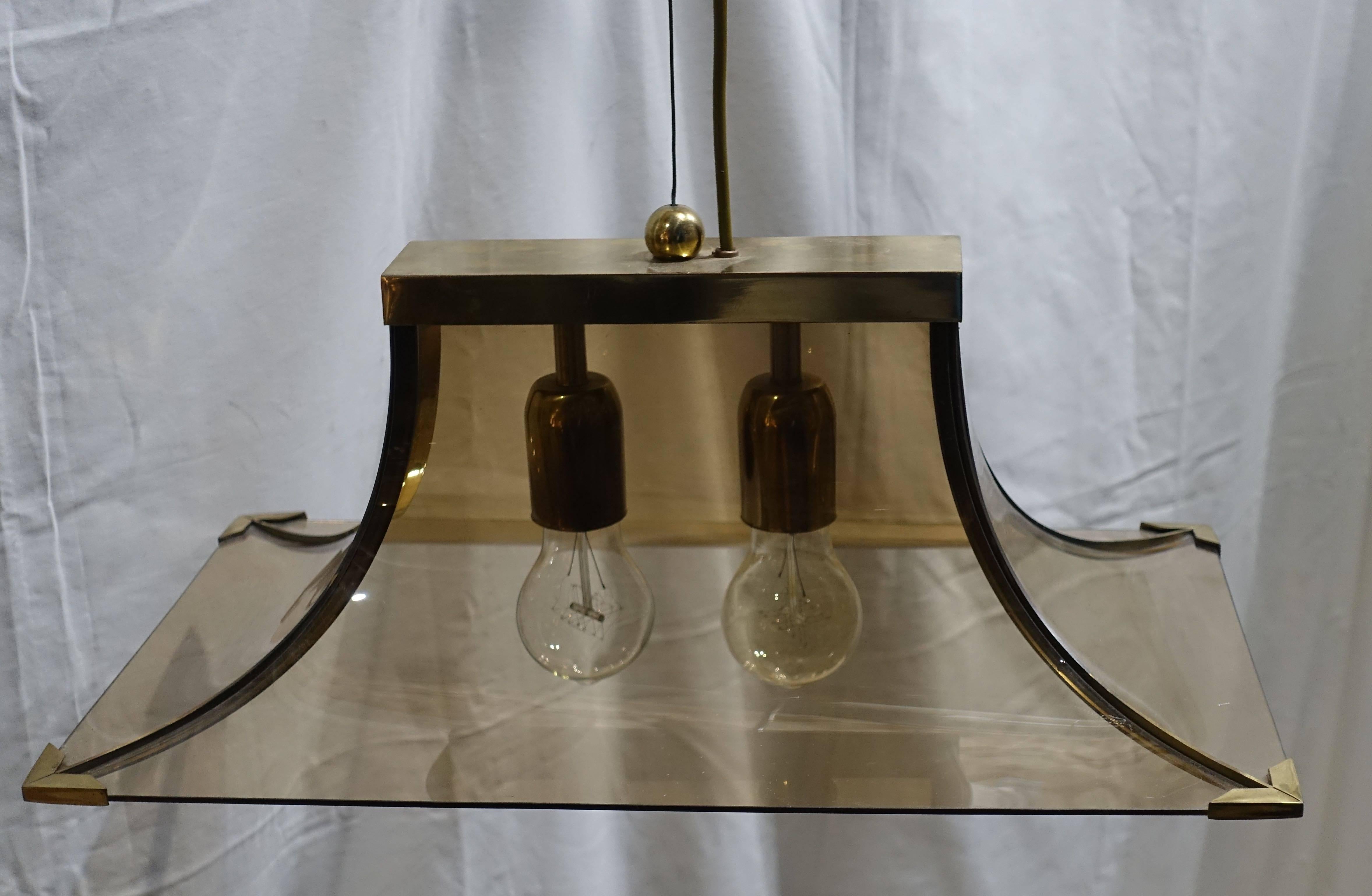 Late 20th Century Smoked Taupe Curved Glass and Brass Rectangular Chandelier, Italy, 1970s For Sale