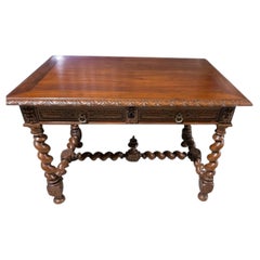 19th Century French Walnut Desk with Barley Twist Legs and Brass Pulls