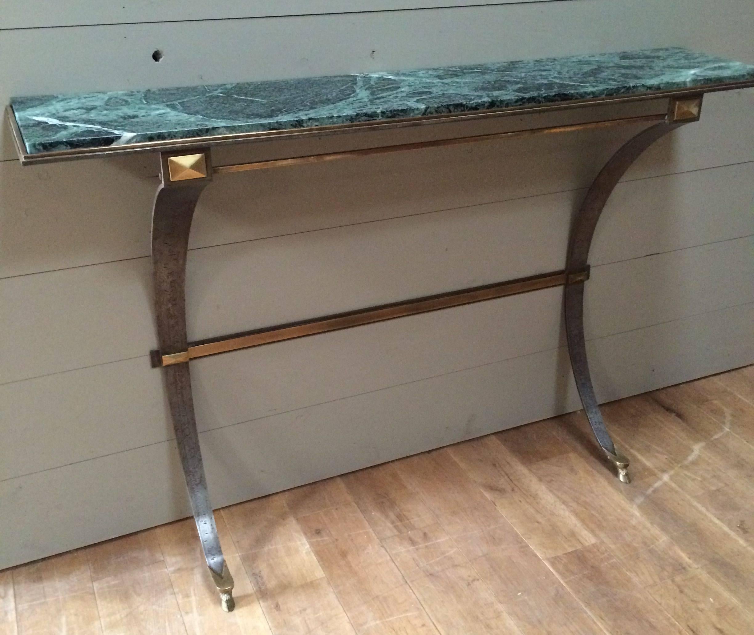 French 1940s Steel and Brass Marble-Top Console Table, France