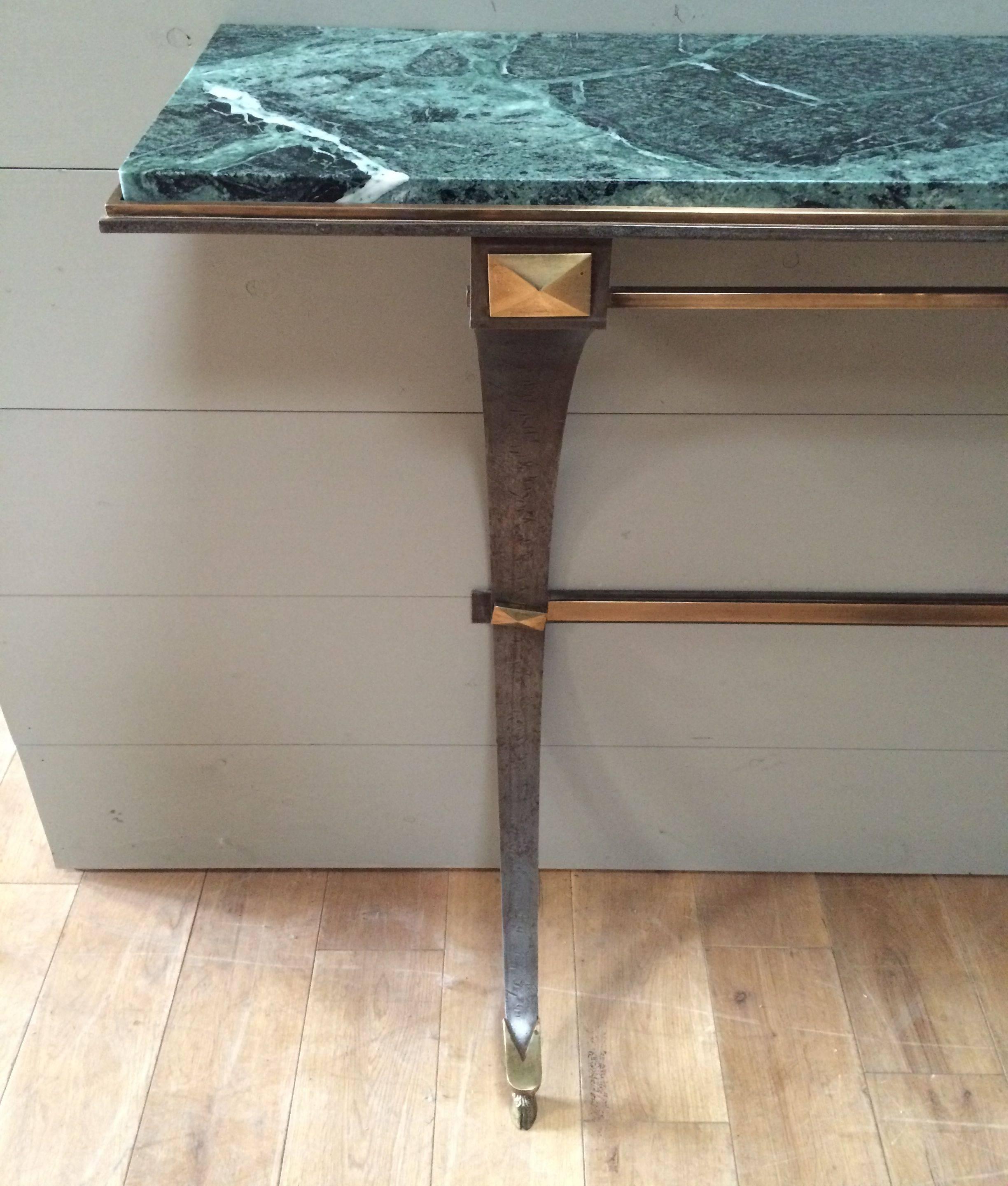 1940s Steel and Brass Marble-Top Console Table, France 2