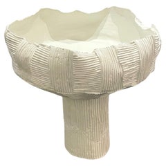 Contemporary Italian White Porcelain Ribbed Pedestal Bowl, Handmade