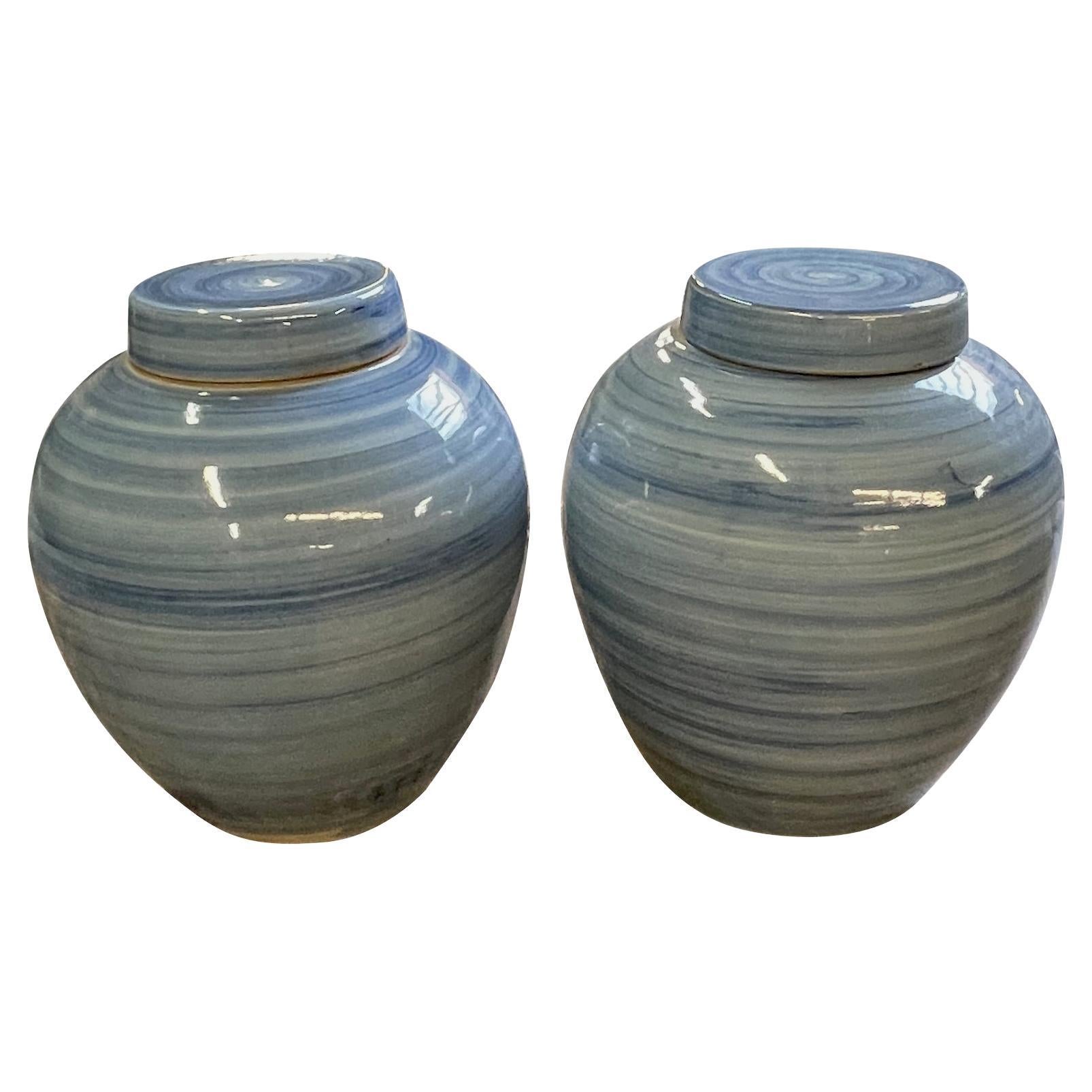 Contemporary Chinese Lidded Vase, Striated Blue Design, 11 Inches Tall For Sale