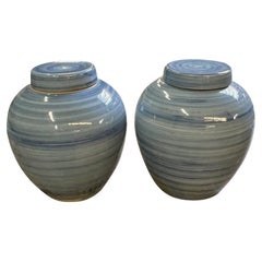Contemporary Chinese Lidded Vase, Striated Blue Design, 11 Inches Tall