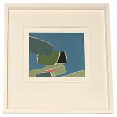 Turquoise and Green Mixed Media Collage, Signed, Framed, Contemporary